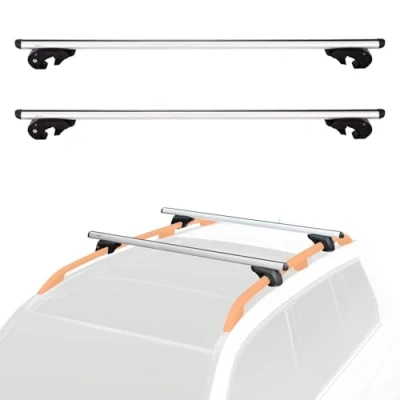 Abbildung von Amazon Basics Dachträger 142,2 cm, für 2 offene Dachrelings mit Abstand 106,7 bis 126 teilig, Schwarz