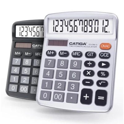 Abbildung von CATIGA Tischrechner (2er Pack) 12 stellig mit großem LCD Display und empfindlicher Taste, Solar Batterie Dual Power, Standardfunktion für Büro, Zuhause, Schule, CD 2786 (Schwarz/Silber)