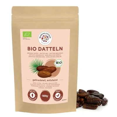 Abbildung von Datteln BIO entsteint 500g von Munchilycious, entkernte Datteln, ganze und ungesüßte getrocknete Früchte, Perfekt für Müslischalen, Smoothie Bowl oder Porridge