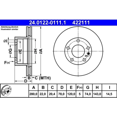 Abbildung von ATE 24.0122 0111.1 Bremsscheibe 280,0 22,0 5 120,0 Belüftet beschichtet BMW: 6 Coupe, 7, Limousine
