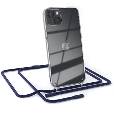 Abbildung von EAZY CASE kombinierbare Handyketten kompatibel mit iPhone 14 Plus, Transparente Silikon Hülle rundem Umhängeband, abnehmbar durch abschraubbare Endstücke, Band, Wechselgurt, Nacht Blau