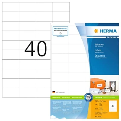 Abbildung von HERMA 4610 Universal Etiketten, 200 Blatt, 52,5 x 29,7 mm, 40 pro A4 Bogen, 8000 Stück, selbstklebend, bedruckbar, matt, blanko Papier Klebeetiketten Aufkleber, weiß