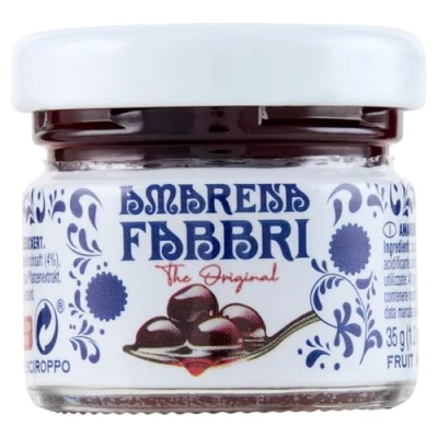 Abbildung von FABBRI 1905 Amarena Kirschen in Sirup Entsteinte aus Italien eingelegt Ideales Topping für Eis, Joghurt, Dessert und Cocktails. Inhalt: 35g