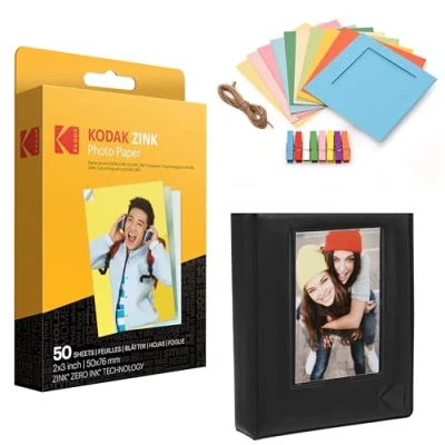Abbildung von Kodak 5,1 x 7,6 cm Premium Fotopapier (50 Blatt) + Bunte quadratische Bilderrahmen zum Aufhängen Fotoalbum (kompatibel mit Printomatic)
