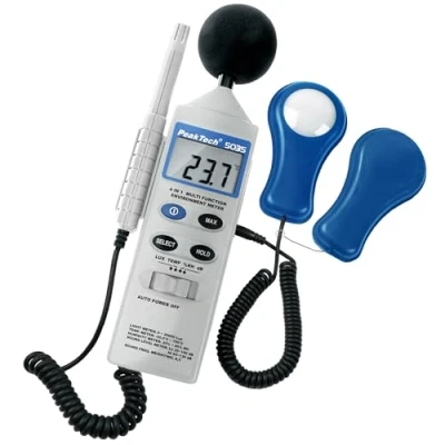 Abbildung von Peak Tech P 5035 4 in 1 Multifunktions Umweltmessgerät zur Messung von Schall, Temperatur, Luftfeuchtigkeit und Lux, Messer, Db Messung, LCD Anzeige, Typ K Sensor, batteriebetrieben 250G