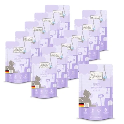 Abbildung von MjAMjAM Premium Nassfutter für Katzen Quetschie Kitten vorzügliches Kalb mit Lachsöl, 12er Pack (12 x 125 g), getreidefrei extra viel Fleisch