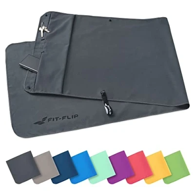 Abbildung von Fit Flip Fitness Handtuch aus Mikrofaser mit Magnet und Reißverschluss Tasche Fitnesshandtuch für Sport Gym Kompakt &amp; Schnelltrocknend Sporthandtuch Fitnessstudio Dunkelgrau 130x48cm