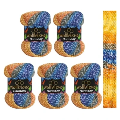 Abbildung von 5 x 100g Wollbiene Harmony Batik 500 Gramm mit Farbverlauf 30% Baumwolle mehrfarbig Multicolor Strickwolle Häkelwolle Wolle Ganzjahreswolle (8040 blau orange)