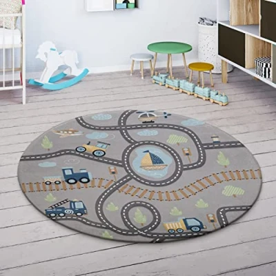 Abbildung von Paco Home Kinderteppich &quot;Chicos 562&quot;, rund, 4 mm Höhe, Flachgewebe, Straßen Spiel Teppich, Kinderzimmer