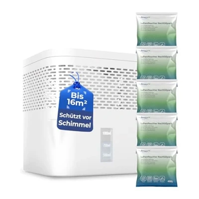 Abbildung von BonAura® AirOne Lite Luftentfeuchter ohne Strom bis 16m² I 360 Belüftung Raumentfeuchter mit Ausgießer &amp; 5 x 450g Granulat Schimmel und Geruchsschutz Raum Entfeuchter Wohnung