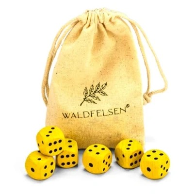 Abbildung von Waldfelsen 6, 12, 20, 30 oder 50 hochqualitative Holzwürfel aus echtem Buchenholz Augenwürfel Spielwürfel Holz in 16 mm Standardwürfel mit Stoffbeutel Würfelset (Gelb, 6 Stück)