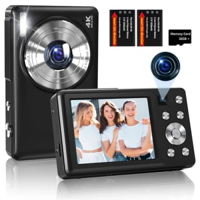 Abbildung von Digitalkamera 4K 64MP Autofokus Kamera Fotokamera Kompakte Vlogging mit Dual Objektiv, 2,8 Zoll Bildschirm, 16X Digitalzoom, 2 Batterien für Kinder, Jugendliche, Anfänger Schwarz