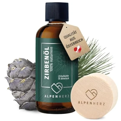 Abbildung von ALPEN HERZ Zirbenöl 100 ml mit Duftstein aus Zirbenholz 100% naturrein ätherisches Zirbelkieferöl Österreich Duftöl Raumduft Duftlampe Zirbenwürfel Diffuser Zirbe Zirbelkiefer Öl