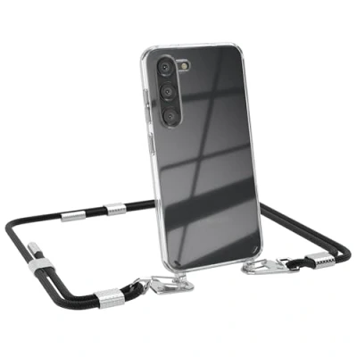 Abbildung von EAZY CASE kombinierbare Handyketten kompatibel mit Samsung Galaxy S23, Transparente Silikon Hülle stylischen Umhängeband, Abnehmbarer Karabiner, Umhängetasche, Schwarz Clips Silber