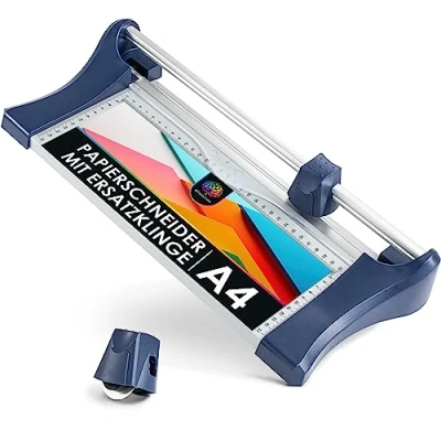 Abbildung von OfficeTree Papierschneider inkl. 1 Ersatzklinge manuelles Schneidegerät für Papier DIN A4 8 Blatt Schneidemaschine aus Metall Rutschfeste Anwendung dank Feststell Lasche