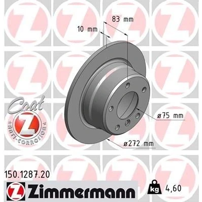 Abbildung von ZIMMERMANN COAT Z 150.1287.20 Bremsscheibe 272 10 6/5 5 120 voll beschichtet hochgekohlt BMW: Z3 Roadster, Coupe