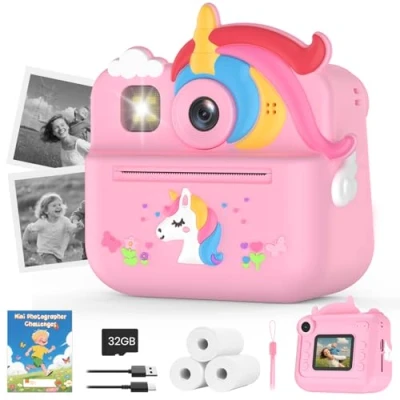 Abbildung von Fippesax Sofortbildkamera Kinder, 1080P HD Kinderkamera mit 32 GB Karte, 48MP Selfie Sofortbildkamera, Kinderspielzeug Einhorn Geschenke für Mädchen &amp; Jungen von 3 12 Jahren