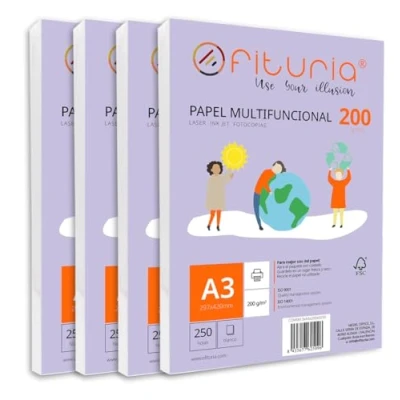Abbildung von Packung mit 1000 weißen DIN A3 Blättern, 200g Druckerpapier. Multifunktionales Kopierpapier für Schule und Büro. Ideal Laserdrucker, Tintenstrahldrucker oder Kopierer Ofituria