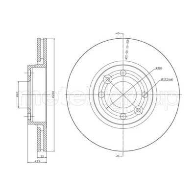 Abbildung von METELLI 23 0641C Bremsscheibe 260,0 22,0 4 61,0 Belüftet lackiert RENAULT: CLIO 3, MEGANE 2 Kombi, 2, NISSAN: MICRA Note I, Tiida Schrägheck