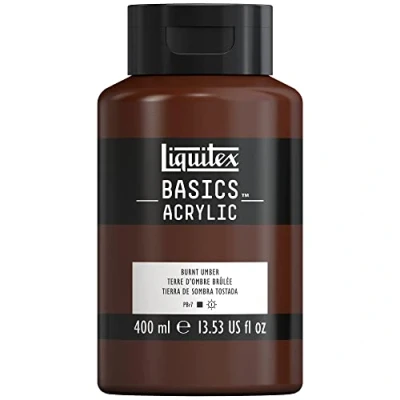 Abbildung von Liquitex 8870333 Basics Acrylfarbe, monopigmentierte Künstlerpigmente, lichtecht, mittlere Viskosität, Archivqualität, seidenglänzender Finish, 400ml Flasche Umbra gebrannt