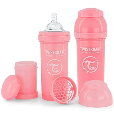 Abbildung von Twistshake 2x Anti Kolik Flaschen mit Milchpulverbehälter und Mixer 260ml mittlerer Durchfluss Silikonsauger BPA freie Babyflasche 2+ Monate Rosa