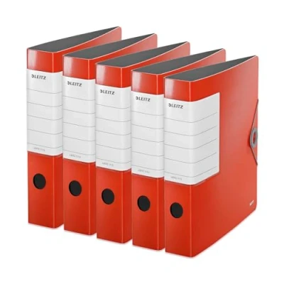 Abbildung von Leitz Qualitäts Ordner 180 Solid, 5er Pack, A4, Schmal, Hellrot, 6,2 cm Rückenbreite, Gummibandverschluss, Robustes Polyfoam, extra breites, austauschbares Rückenschild, 11130020