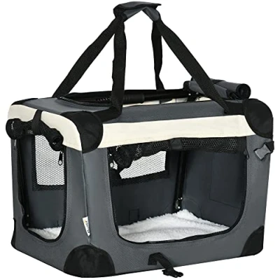 Abbildung von PawHut Hundebox faltbar Hundetasche Transporttasche mit Kissen 50,5 x 33,5 35 cm Hundetransportbox für kleine Hunde Reisetasche Haustiertransportbox Outdoor Grau+Schwarz