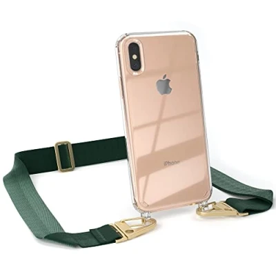 Abbildung von EAZY CASE Hülle mit Band kompatibel iPhone XS Max Handyhülle Umhängeband für Silikonhülle Transparent Schutzhülle Handykette zum Umhängen Handykordel Smartphone in Grün Gold