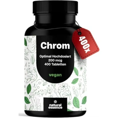 Abbildung von Chrom Tabletten aus Chromium Picolinat 400 hochdosiert mit 200 mcg pro Tablette vegan und produziert in Deutschland