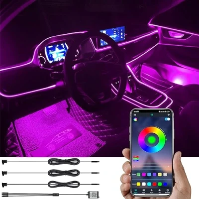 Abbildung von TABEN Auto Umgebungsbeleuchtung Kit 4m Glasfaser 64 Farben Bluetooth APP Steuerung USB Atmosphäre Licht, DIY 16 Millionen RGB Mehrfarbig Sound Musik Sync Innenbeleuchtung DC 12V