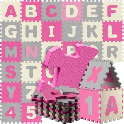Abbildung von Spielwerk® 86 teilige Puzzlematte Baby Pink 3,3m² Buchstabenteppich ABC Matten für Kinder Spielunterlage Boden Krabbelmatte Kinderzimmer Puzzleteppich Spielteppich