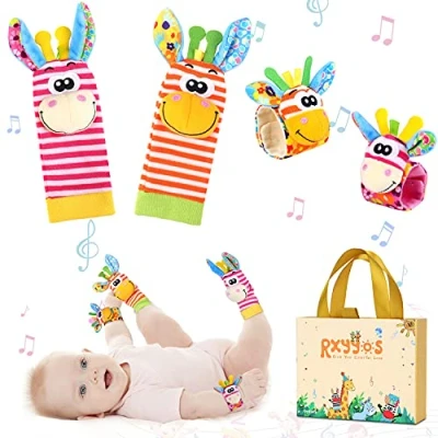 Abbildung von Baby Rasseln Spielzeug Handgelenk und Socken, Rassel Plüschtiere Entwicklungs für 0 12 Monate Neugeborene, Mädchen Jungen, Geschenk 4PCS (Stil 2)
