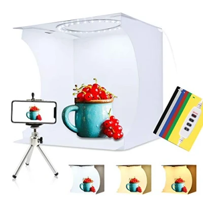 Abbildung von PULUZ Fotostudio Box,30cm/11,8 Zoll Ringlicht Lichtbox Shooting Lichtzelt Set mit Weißlicht/Warmlicht 128 LED Ringlichter + 6 Backdrops für Produktaufnahmen