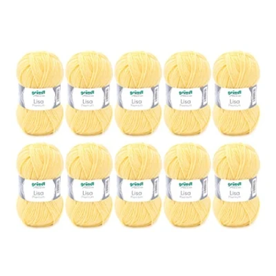 Abbildung von Gründl Wolle Lisa Premium Uni Strickgarn aus 100 % Polyacryl, Garn zum Häkeln/ Stricken 50 g / 133 m, 10 x Knäuel, Nadel: 3,5 4,5, Pastellgelb