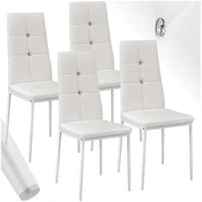 Abbildung von tectake® 4er Set Stühle Esszimmer, 4X bequemer Stuhl Kunstleder mit Glitzersteinen, Esszimmerstühle, Polsterstuhl für Wohnzimmer, Dining Table, Küchentisch, Essstühle, hohe Rückenlehne weiß