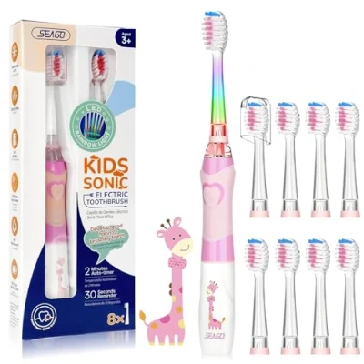 Abbildung von SEAGO Elektrische Zahnbürste Kinder ab 3 12 jahre Kinderzahnbürsten Elektrisch mit Farbigem Licht Smart Timer 8 Weich Bürstenköpfes Wasserdicht Baby Schallzahnbürste SG977 (Rosa 8)