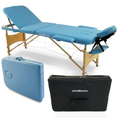 Abbildung von VENDOMNIA Mobile Massageliege Holzfüße mit 3 Zonen höhenverstellbar inkl. hochwertiger Kopfstütze Tasche Armlehnen Farbwahl Klappbar, Massagetisch Massagebett Massagebank Behandlungsliege