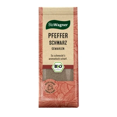Abbildung von BioWagner Bio Pfeffer schwarz gemahlen ideal für dunkles Fleisch, Reis und Gemüsegerichte naturbelassene Zutaten recyclebare Verpackung 50 g