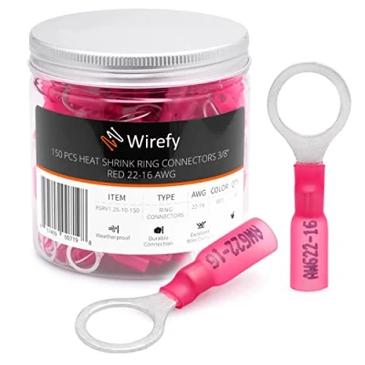 Abbildung von Wirefy Rote Ringkabelschuhe Schrumpfverbinder M10 Lötfreie Kabelschuhe Sortiment Ringkabelschuh Quetschverbinder 0,5 1,5 mm² 150 Stück