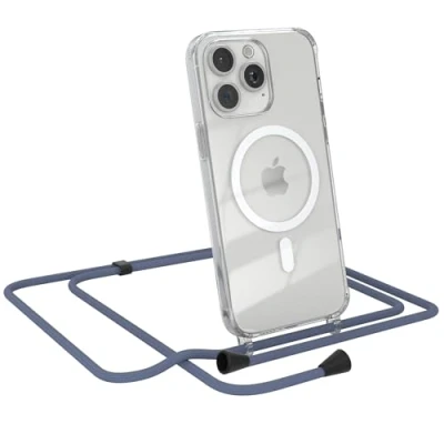 Abbildung von EAZY CASE Handykette kompatibel mit iPhone 15 Pro Max Kette zum Umhängen Stoßfest Handyhülle für Silikon Hülle Band Transparent als Fallschutz in Blau Clips Schwarz