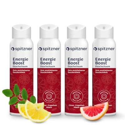 Abbildung von Spitzner Duschschaum Energieboost (4 x 50 ml) Aktivierende Wellness Dusche, Zitrone und Holz, lebensfroh energiegeladen, sanft reinigender Schaum, hautverträglich 100% vegan