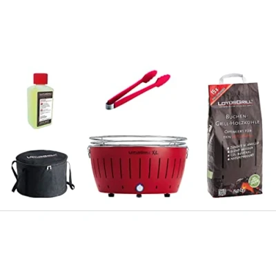Abbildung von LotusGrill Holzkohlegrill XL Set Feuerrot m. USB Kohle 2,5kg Paste 200ml Zange Tasche
