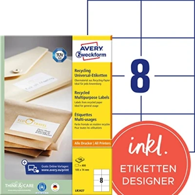 Abbildung von AVERY Zweckform LR3427 Recycling Etiketten (800 Adressaufkleber, 105x74mm auf A4, 100% recyceltes Altpapier, bedruckbare Versandetiketten, selbstklebende Versandaufkleber) 100 Blatt, naturweiß
