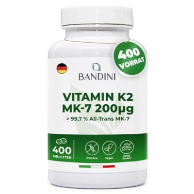 Abbildung von Bandini® Vitamin K2 MK 7 200µg (mcg) VEGAN 400 Mikrotabletten rein natürliches Menachinon All trans Gehalt &gt;99,7% K 2 Blut und Knochengerinnung 1 Tablette/Tag für Jahr