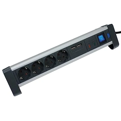 Abbildung von as Schwabe 4 Fach Tischsteckdose ALUX schwarz Mehrfachstecker für Tisch und Arbeitsplatte 1,5 m Leitung Überspannungsschutz stabiles Aluminiumgehäuse beleuchteter Schalter IP20, 18361