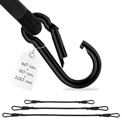 Abbildung von ECENCE 3X Spanngummi mit Karabiner aus Edelstahl 1x100cm, 1x80cm, 1x 60cm in Schwarz Latex Spanngurte, Gepäckspanner, Expander, Spannseil für Fahrrad, Auto, Gepäck, Transportsicherung