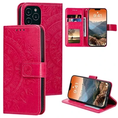 Abbildung von CoverKingz Klapphülle kompatibel mit iPhone 12 Pro Max [6,7 Zoll] Schutzhülle Kartenfach zum aufklappen Klapphandyhülle Case klappbar Motiv Mandala Pink