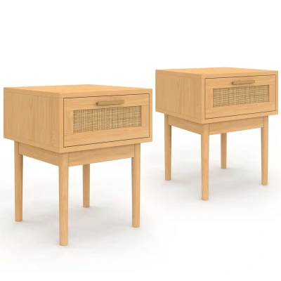 Abbildung von satz von 2 Nachttischen aus Holz Rohrgeflecht natürlichen Effekt mit 1 Schublade IDMarket