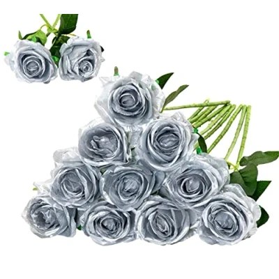 Abbildung von Floralsecret 12 Stück künstliche Seidenrosen, Blumenstrauß aus Kunstblumen für Zuhause, Hochzeit, Party, Dekoration (Silber)