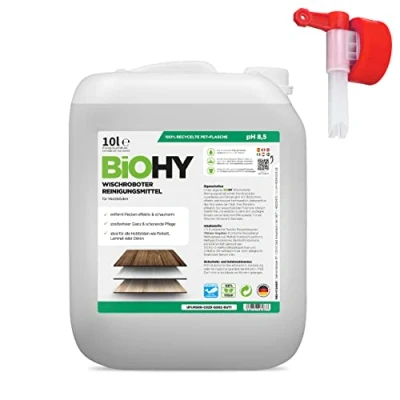 Abbildung von BiOHY Wischroboter Reinigungsmittel (10 Liter Kanister) + Auslaufhahn Bodenreiniger Mittel für Holzböden Laminat &amp; Parkettpflege streifenfreier Glanz auf wasserfestem Holz schaumarmes